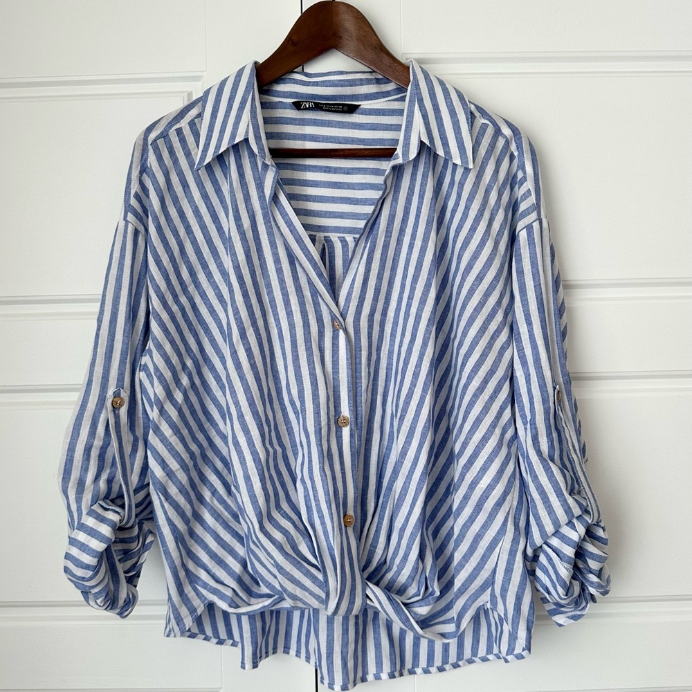 ZARA Linen Blend Striped Knotted Shirt (M)